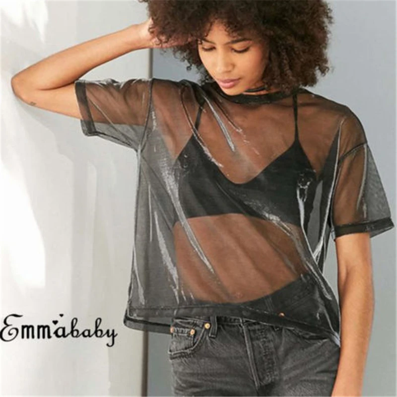 Summer Women Lace Sequined Blouses Shirt Ladies tops Sexy mesh Blouses Transparent Elegant See-through Black Shirt 5