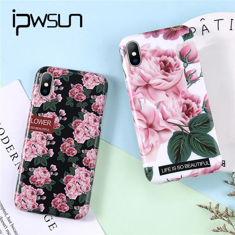 

iPWSOO Case For iPhone 8 7 6 6S Plus Luxury IMD Plush Flower Patterned Phone Floral Cases Back Cover For iPhone X XR XS Max
