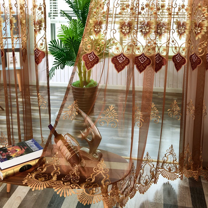 

Beautiful Embroidery Lace Curtain Classical Flower Window Screening Curtain Finished Products Gold Retro chiffon curtain