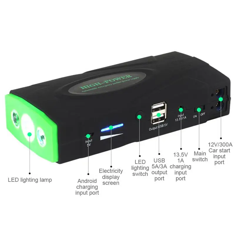 Car Jump Starter 12V Portable Power Pack Auto Battery Booster Usb Car Charger Auto Battery Booster Phone Charger Built-in LED Car Jump Starter 12V Portable Power Pack Auto Battery Booster Usb Car Charger Auto Battery Booster Phone Charger Built-in LED