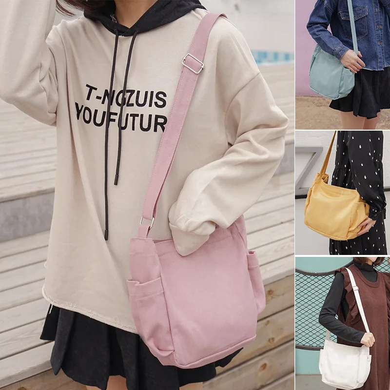 

2019 New Ladies Art Small Fresh Diagonal Canvas Bag Women Students Casual Simple Shoulder Bag Tote Bucket Bag Solid Color