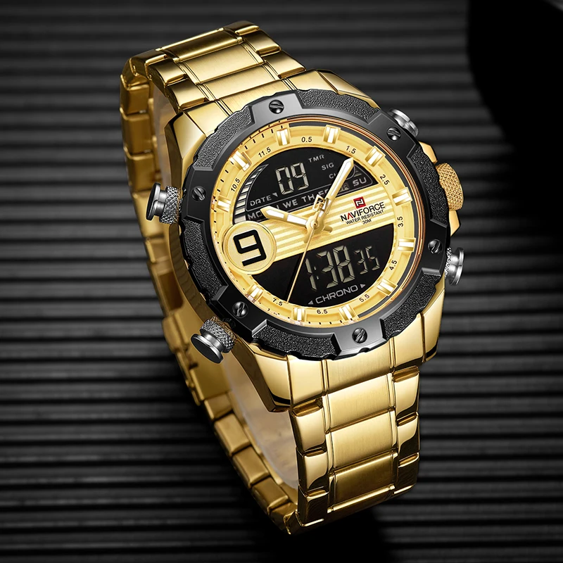 NAVIFORCE Military Stainless Steel Waterproof Gold Men Watch Men's Dual Display Quartz Wristwatches