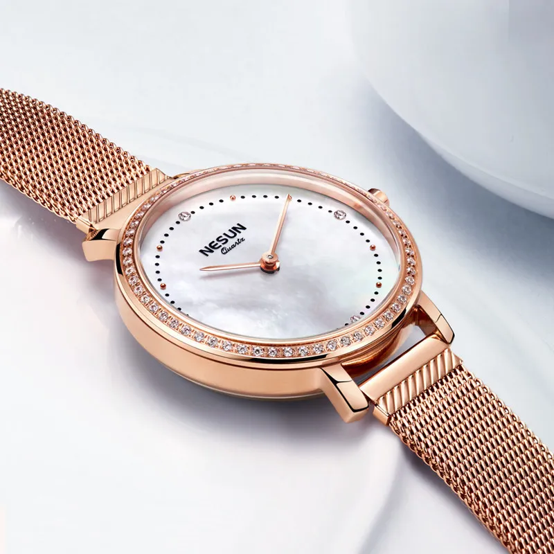 Switzerland NESUN Women\'s Watches Luxury Brand Japan Quartz Movement Pearl Steel Diamond 7MM Ultra-thin Waterproof Clock N8809-1