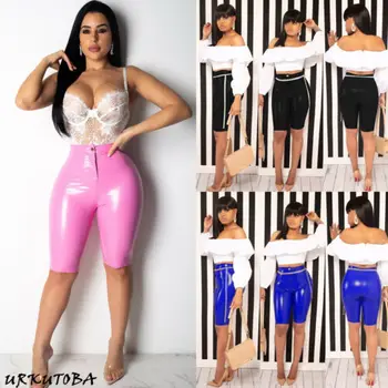 

Sexy High Waist Elasticity PU Leather Solid Skinny Midi Women Bodycon Keen Length Midi Pants Candy Colors