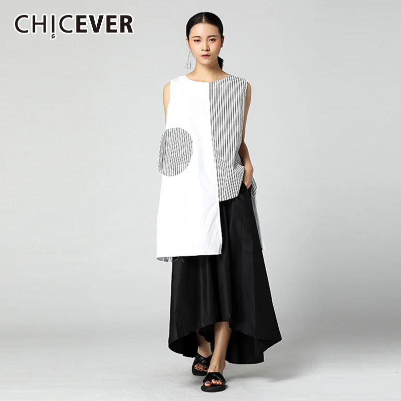 

CHICEVER 2019 Striped Women's Shirt Blouses Sleeveless Hem Irregular Tops O neck Summer Women Blouse Top Fashion Tide New