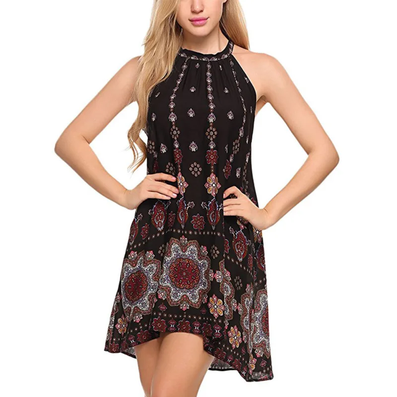 Ethnic Summer Women Beach Boho Casual Dress Halter Sleeveless Camisole Printing Vest Loose Floral Vintage Ladies Dresses Ethnic Summer Women Beach Boho Casual Dress Halter Sleeveless Camisole Printing Vest Loose Floral Vintage Ladies Dresses