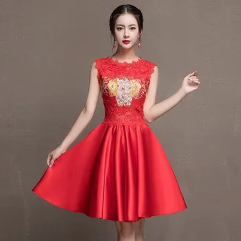 

Red Embroidery Lace Cheongsam Long Evening Dresses Mini Qi Pao Women Traditional Chinese Wedding Dress Oriental Style Sexy Qipao