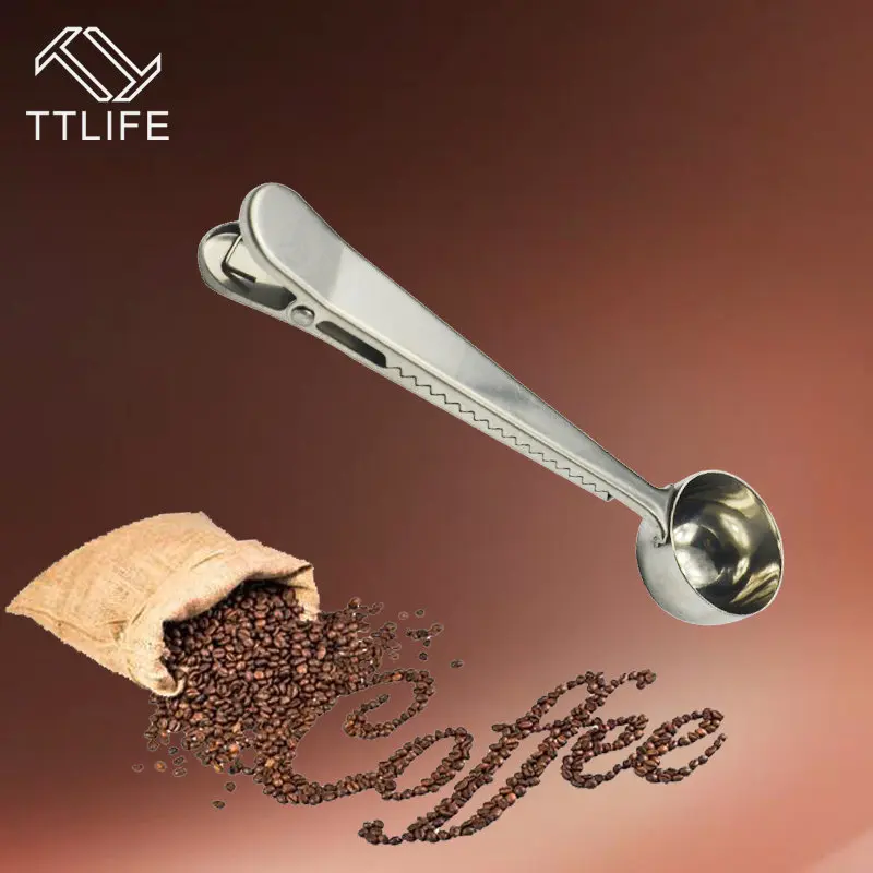 TTLIFE جديد 304 الفولاذ المقاوم للصدأ ملعقة للقهوة مع مشبك حقيبة Coffeeware ختم الشاي قياس ملعقة المطبخ أداة مستلزمات قهوة