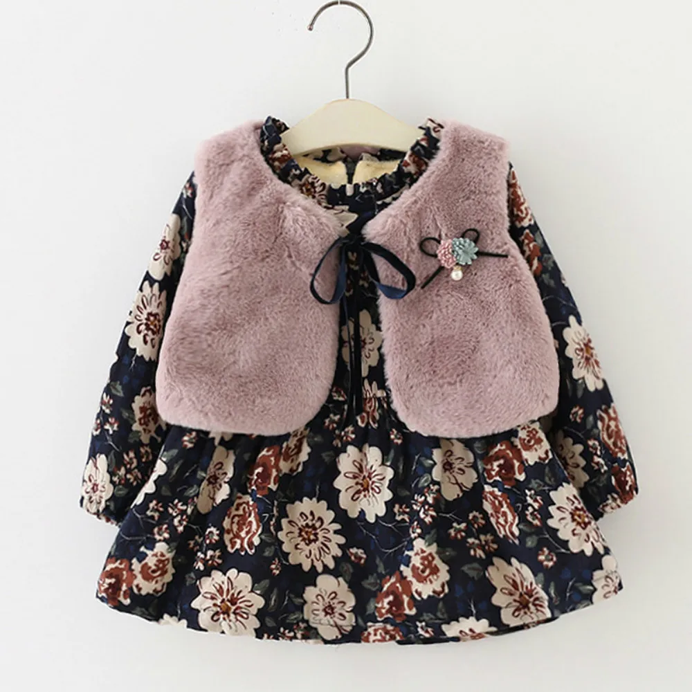 Коллекция года, весенняя одежда новая одежда для маленьких девочек детское хлопковое вельветовое платье с длинными рукавами и цветочным принтом+ меховой жилет одежда для девочек