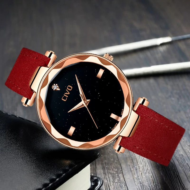 

CIVO Fashion Elegant Women Wrist Watch Luxury Brand Diamond Watches Delicate Reloj Mujer Red Genuine Leather Quarts Women Watch