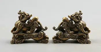 

49MM Small Curio Chinese Bronze Animal Unicorn Beast Kylin Chi-lin Statue Pair