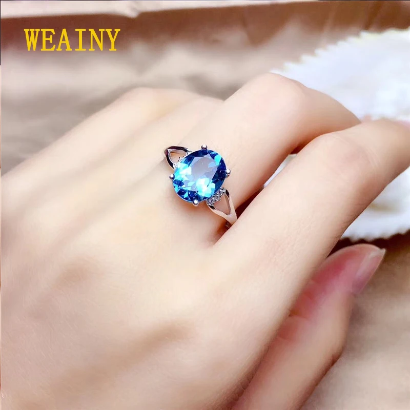 

WEAINY Genuine S925 Sterling Silver Natural Swiss Blue Topaz Ring Women's Fashion Simple Jewelry November BirthStone