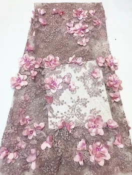 

African beaded sequins 3D flower lace embroidered fabric 2019 high quality hot sale Nigerian french tulle lace for wedding party
