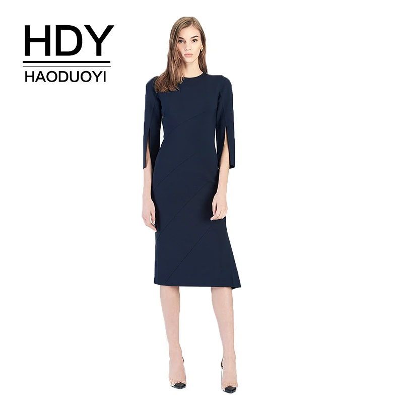 

HDY Haoduoyi 2019 New Arrival European And American Simple Commuter Slim Temperament Back Zipper Sleeves Open Solid Color Dress