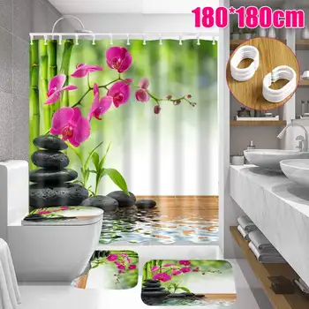 

1.8X1.8M Flower 3D Waterproof Polyester Shower Curtain Bathroom with 12 Hooks Pedestal Rug Lid Toilet Cover Bath Mat Set