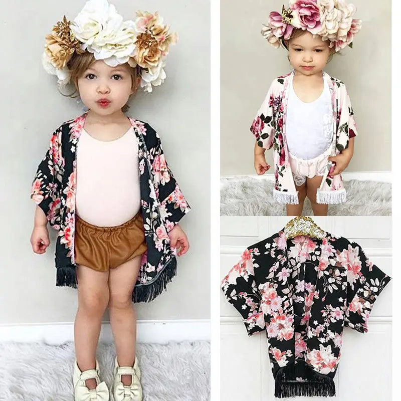 Pudcoco Фирменная Новинка обувь для девочек Дети шифон Цветочный чехол с кисточкой кардиган кимоно наряды