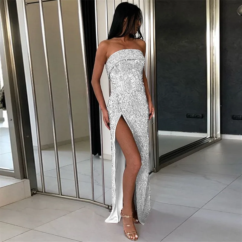 

2019 Sexy Sequin Sleeveless Tube Dress European Style Tight Slim Split Party Formal Dresses Vestidos De Festa Rz*