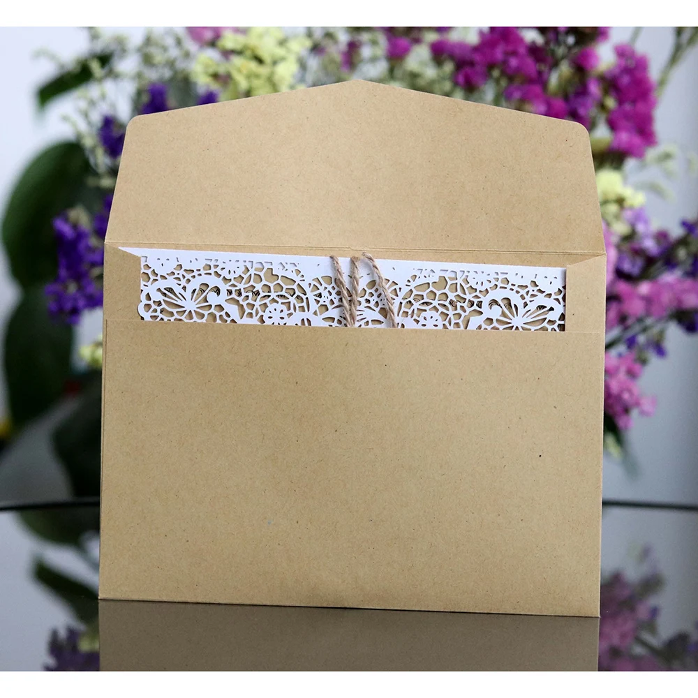  10Pcs Laser Cut West Wedding Invitations Cards hollowed-out Lace Greeting Card With Ribbon Free Env - 33008903327
