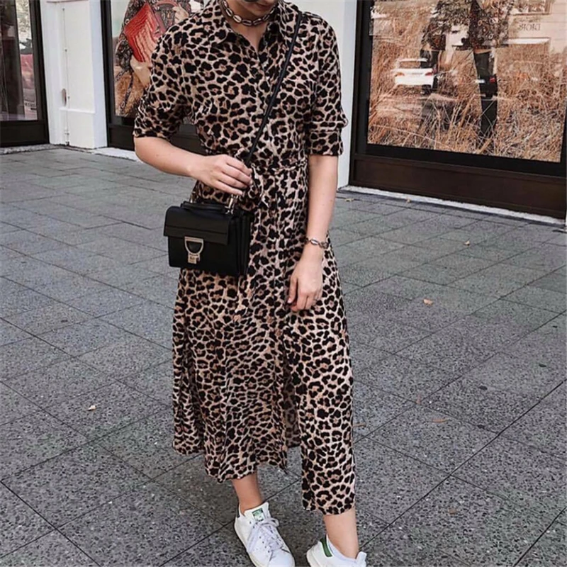 

Spring Summer Dress 2019 Ladies Leopard Print Dresses Sexy V Neck Long Sleeve Long Dress Womens Dresses Evening Party Vestidos