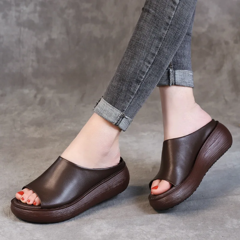 

2019 Nation Women's Shoes Genuine Leather Thick Bottom Clothes Slipper Woman Muffin Bottom Manual Sandals Woman