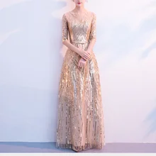 Элегантные вечерние платья трапециевидной формы с золотыми пайетками, женские вечерние платья до колена с рукавом до локтя