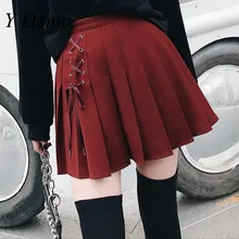 New Autumn New High Waist Eyelet Tie Pleated Skirt Punk Fashion Short Mini Preppy Skirts tasseled tie embroidered yoke eyelet jumper