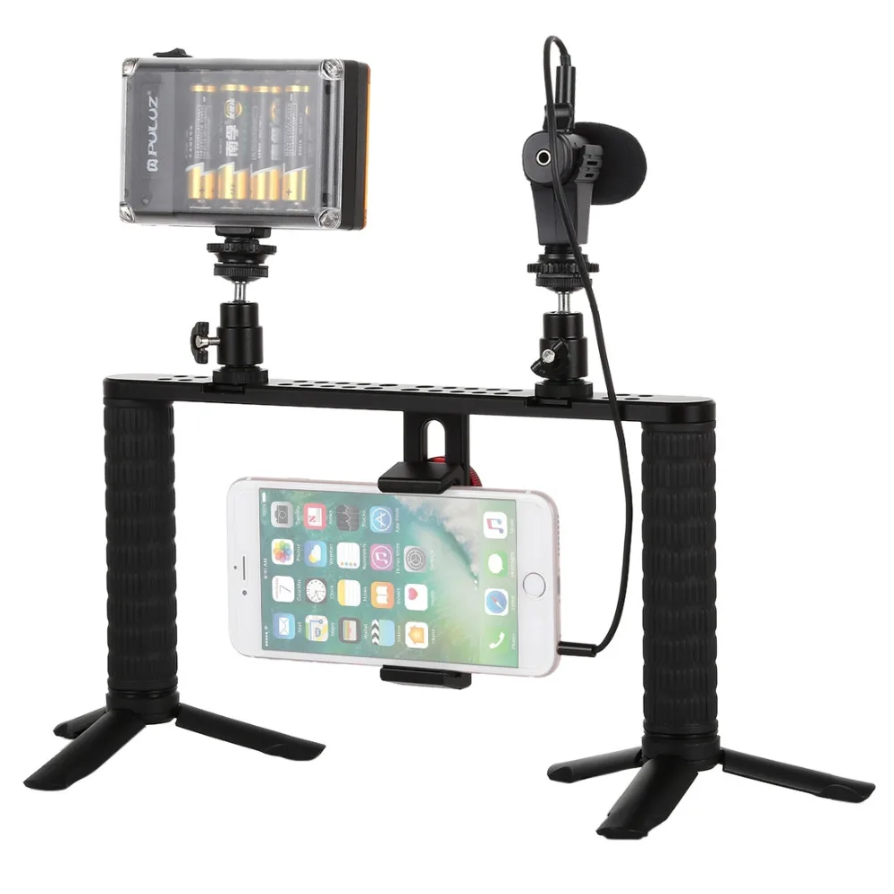 

Puluz PKT3024 4 in 1 Video Rig Handheld Stabilizer Grip Microphone Video Light Tripod for iPhone / Android Phone within 45-93mm