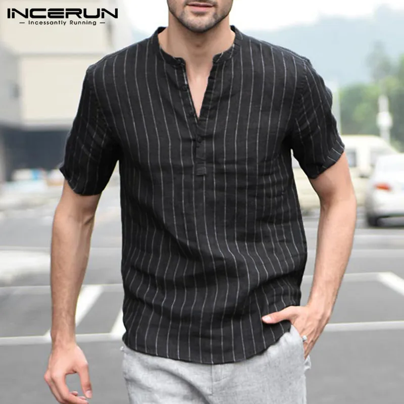 Mens Striped Short Sleeve Dress Shirts Summer V Neck Button Pullover ...