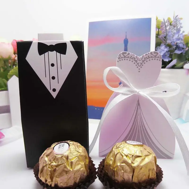 

100pcs Wedding Candy Box Four Kinds Dresses Pattern Black And White Suit European Style Bride Groom