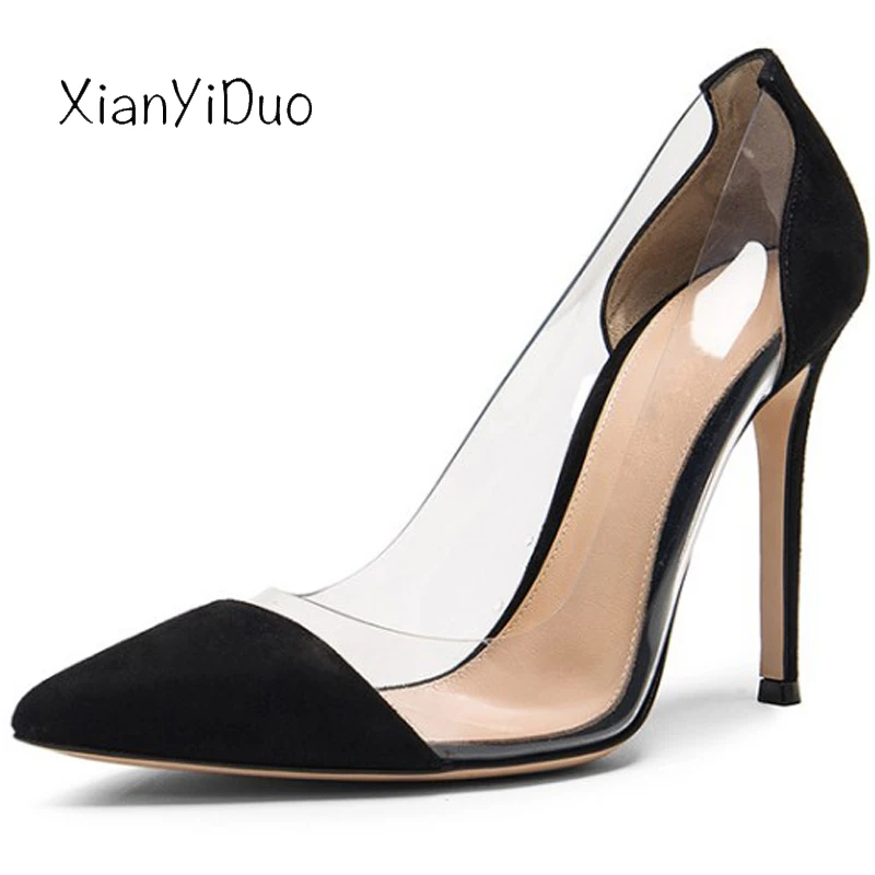 

Xianyiduo 2019 Spring fashion party Women's Shoes Pointed Toe Pumps Mixed Colors Dark Blue pink Transparent plus size 40-43/A141
