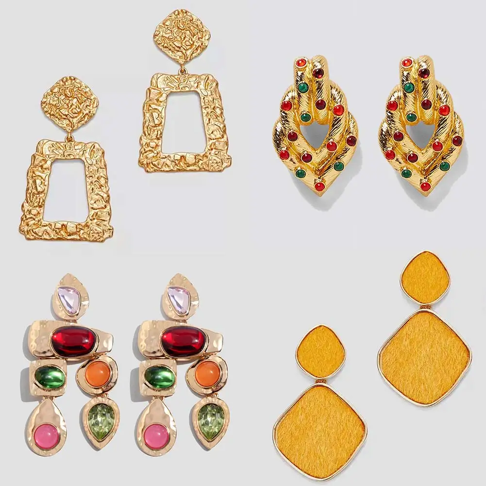 

Flatfoosie ZA Boho Golden Big Dangle Earrings For Women Crystal Bead Vintage Geometric Heart Punk Statement Drop Earring Jewelry