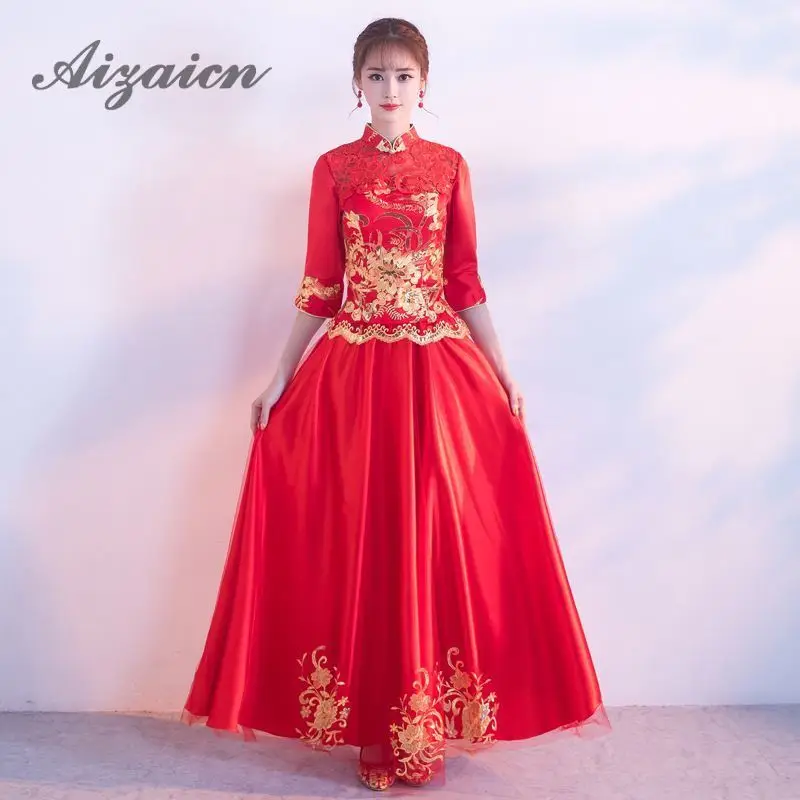 

2019 Red Embroidery Bride Vintage Wedding Qipao Chinese Traditional Dress Embroider Cheongsam Dresses Long Orientale Qi Pao