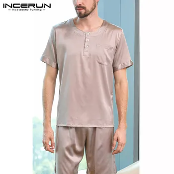 

INCERUN Men Pajamas Set Silk Satin Soft Sleepwear Suit Short Sleeve Top Solid Elastic Waist Shorts Men Pyjama Set Homewear 2020