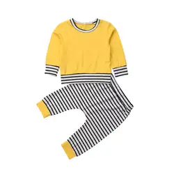 Комплект повседневной красивой одежды для маленьких девочек из 2 предметов пуловер в полоску с длинными рукавами в стиле пэчворк Топы +