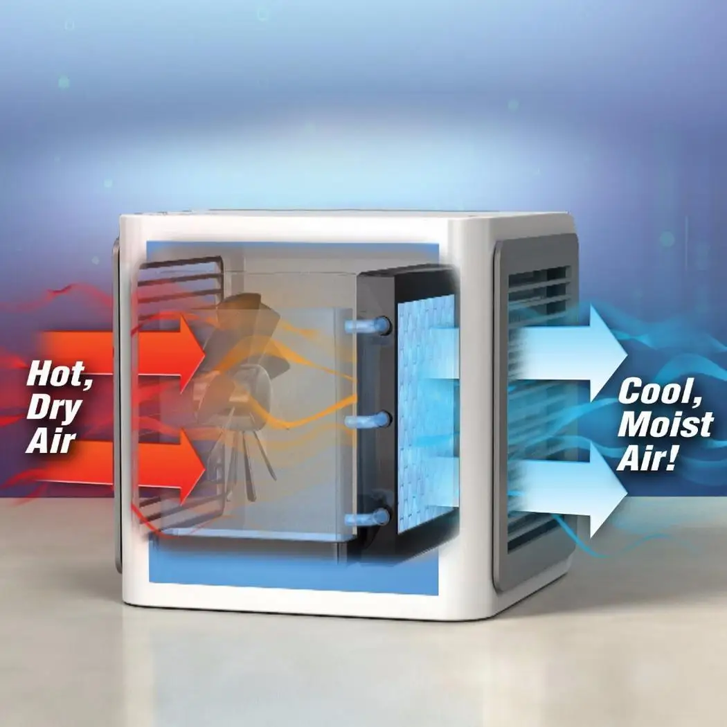 

Air Cooler Office Dormitory LED Lights 2.1A Mini Humidifier USB Cable high, medium and low. Fan 8 Hours 375ml