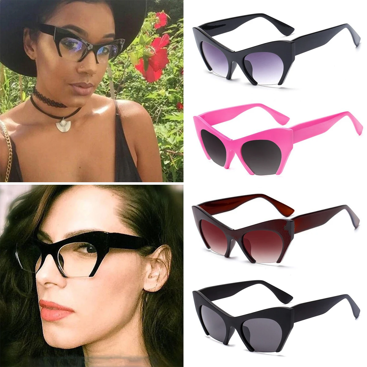 

Cool Trendy Half Frame Cat Eye Sunglasses Women Fashion Clear Brand Designer Sun Glasses For Female Male Uv400