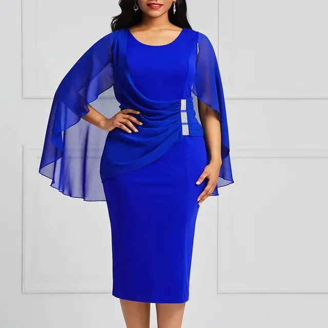 Clocolor Elegant Office Ladies Dress Blue Pleated Batwing Sleeve ...