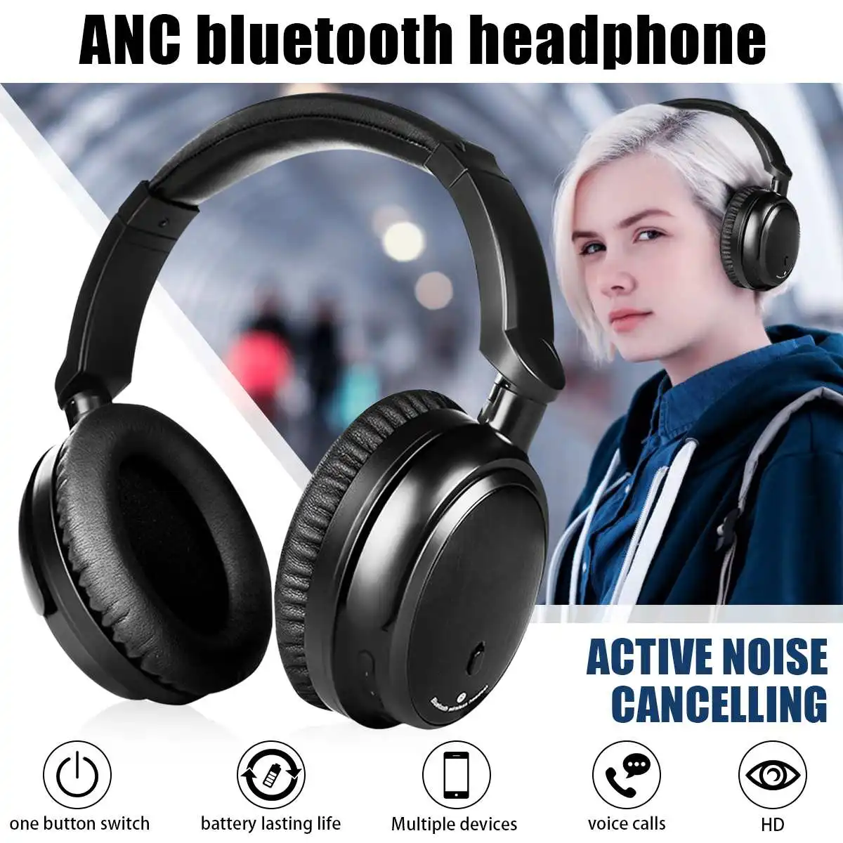 

ANC Active Noise Cancelling Wireless bluetooth Headphone HiFi Stereo Foldable Headset Earphone With Mic For iphone for Xiaomi