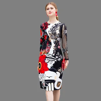 

2019 Women Spring And Summer Casual Dresses Hollowed Out Full Sleeves Printed Medium-length One-step Dress High Qualtily