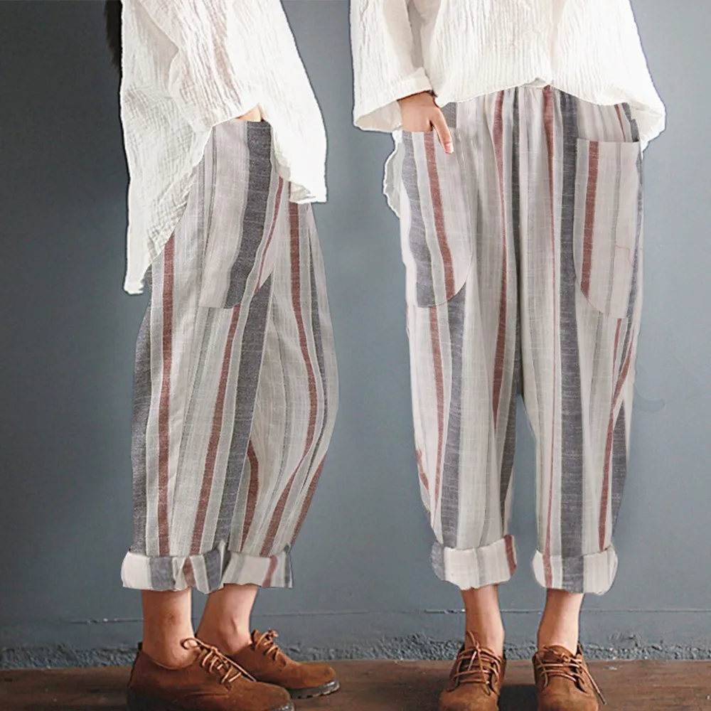Cotton Linen Pants Women Summer Loose Harem High Waist Striped Pockets Pants Casual Pantalon Female Sweatpants Trouser Plus Size Cotton Linen Pants Women Summer Loose Harem High Waist Striped Pockets Pants Casual Pantalon Female Sweatpants Trouser Plus Size