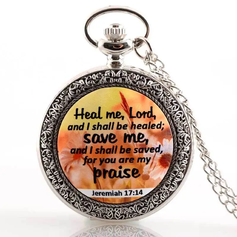 

New Silver Heal me Lord and I shall be healed bible verse Quartz Pocket Watch Classic Men Women Pendant Necklace Gift Clock