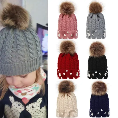 

2019 Toddler Knit hAT Kids Baby Boy Girl Boy Fur Pom Hat Winter Warm Pearl Bead Knit Bobble Infant Crochet Beanie Cap