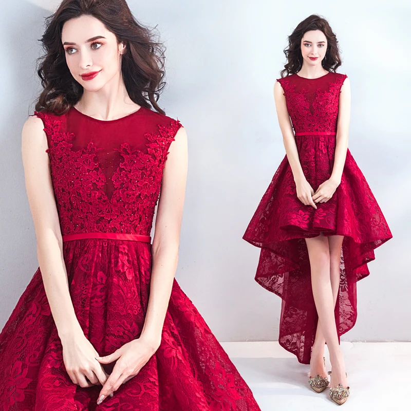 New Pattern Vintage Red Asymmetrical Appliques Lace Prom Dress Fashion ...