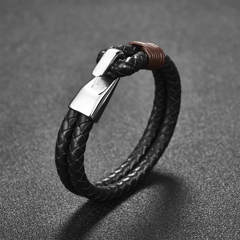 

OBSEDE Classic Black Genuine Leather Bracelet High Quality Male Jewelry Double Layer Bangle Stainless Steel Sport Hook Wristband