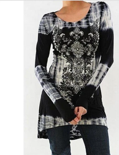 

2018 Casual Woman Shirt Clothing Womens Fashion Long Sleeve O-neck Printing Top Slim High Waist Tie Dye Tops