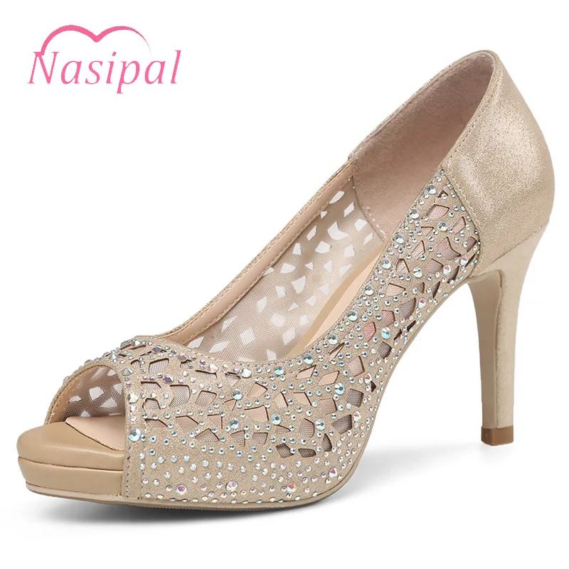 

Nasipal Women Shoe Pink Gold Shoes Heel Woman High Heels Women Pumps Ladies Office Shoes Peep Toe Summer Heels Rhinestone V315