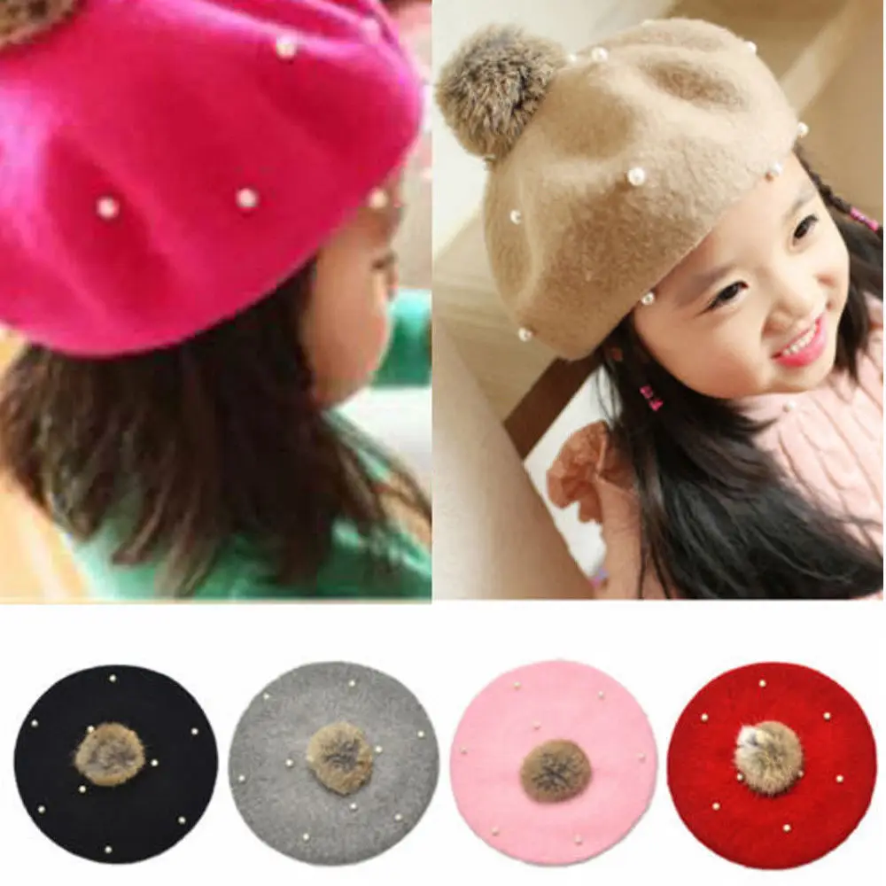 New Winter Warm Wool Hats Bobble Caps With Pearls Candy Color Retro