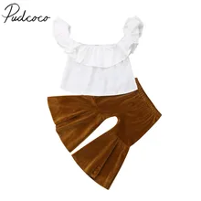 Коллекция года, Детская летняя одежда укороченный топ с открытыми плечами для маленьких девочек+ вельветовые штаны-клеш Брюки-клёш, комплект одежды из 2 предметов