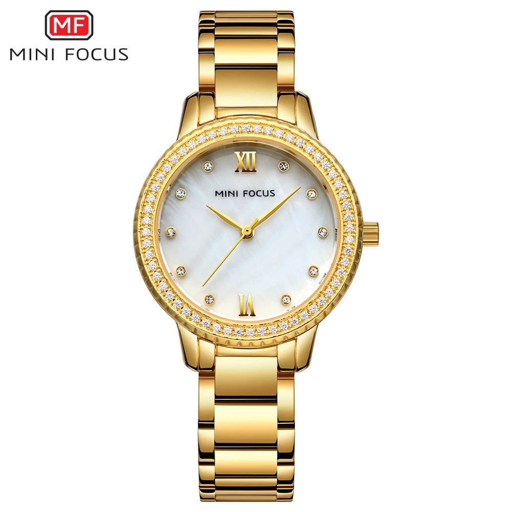 

MINI FOCUS Elegant Golden Women Watches Quartz Clock Rhinestone Iced Out Design Metal Strap Top Brand Luxury Ladies Wristwatch