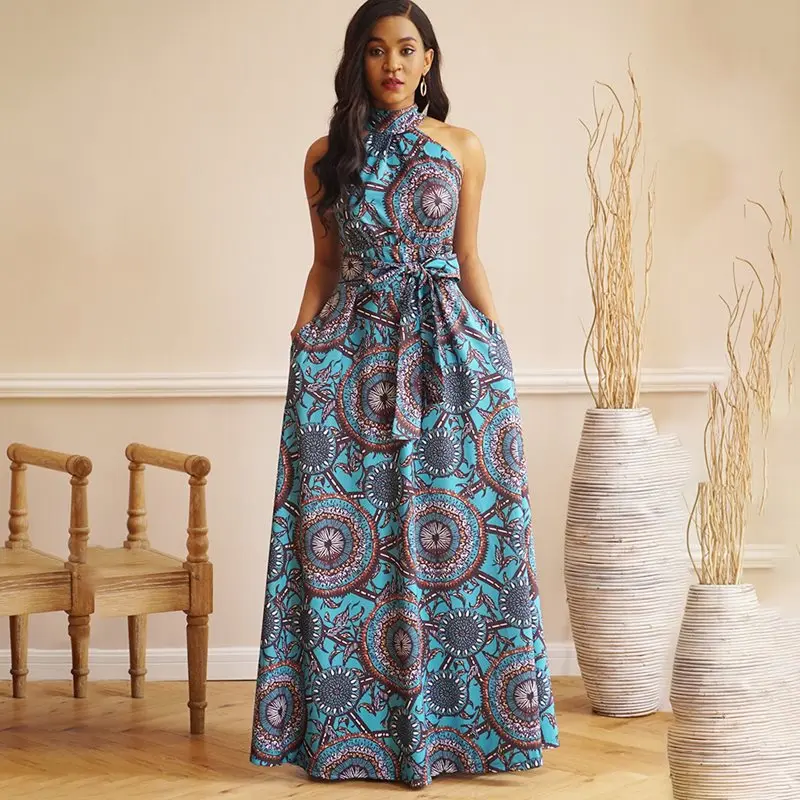 

Summer 2019 Halter Maxi Dress Women Green Fashion Print A Line Robe Sexy Elegant Evening Ladies Party Off Shoulder Long Dresses